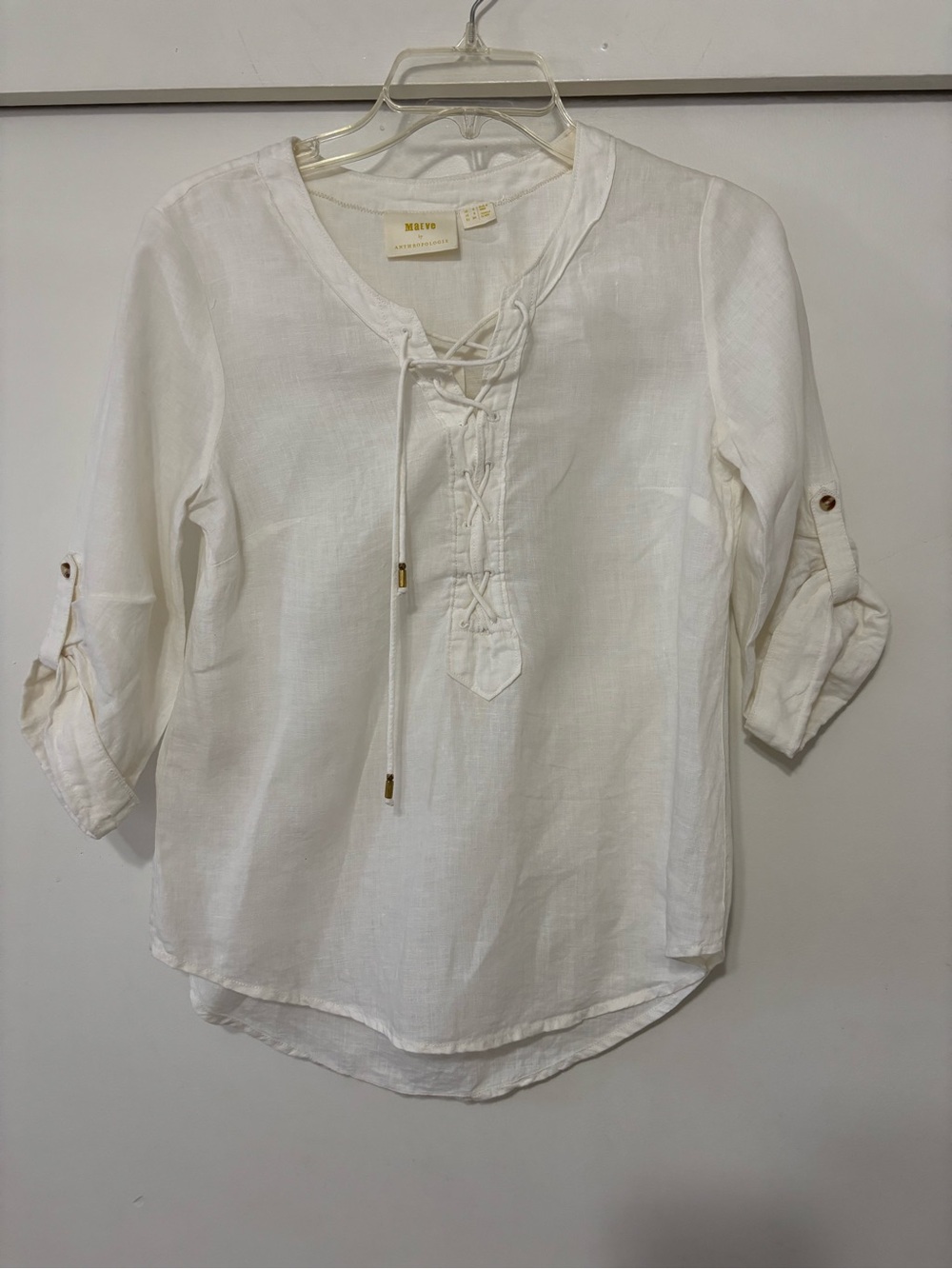 Maeve Anthropologie White Lace-Up Linen Women's Summer Blouse Top Sz 2